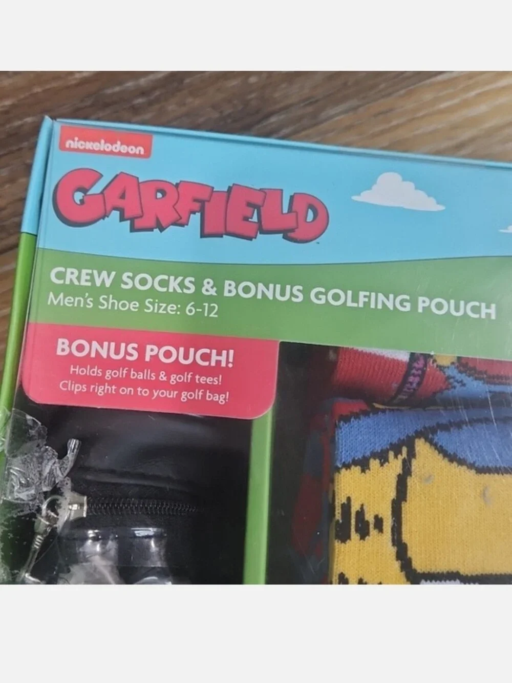 NIB Garfield Crew Socks & Golfing Pouch Bag Orange Clear Black Blue